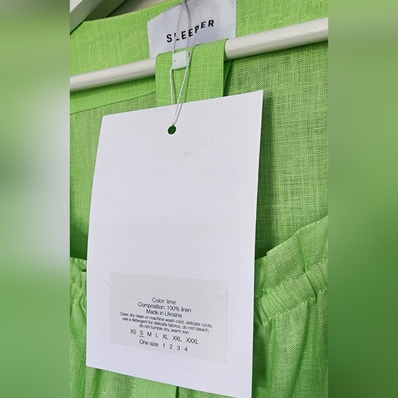 SLEEPER DRESS BRIGETTE GREEN LINEN BELT PUFF SLEEVES MIDI  SMALL - Picture 15 of 16